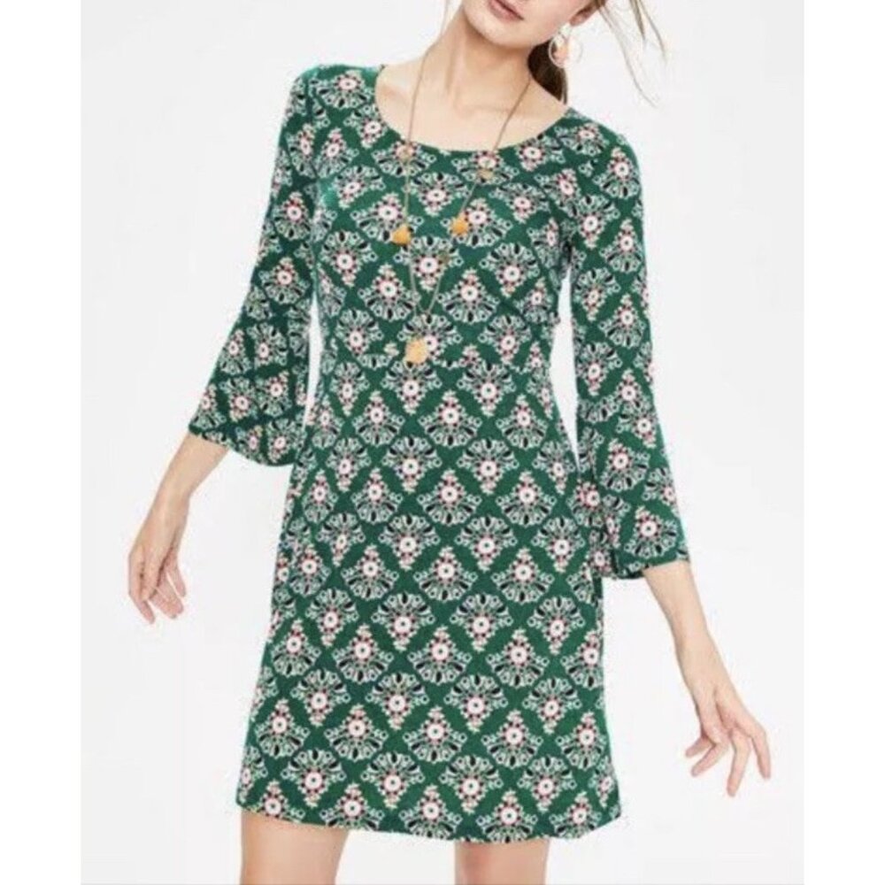 Boden Miriam Women’s Kelly Green Pink Floral Bell Sleeve Dress 10 Cottagecore
